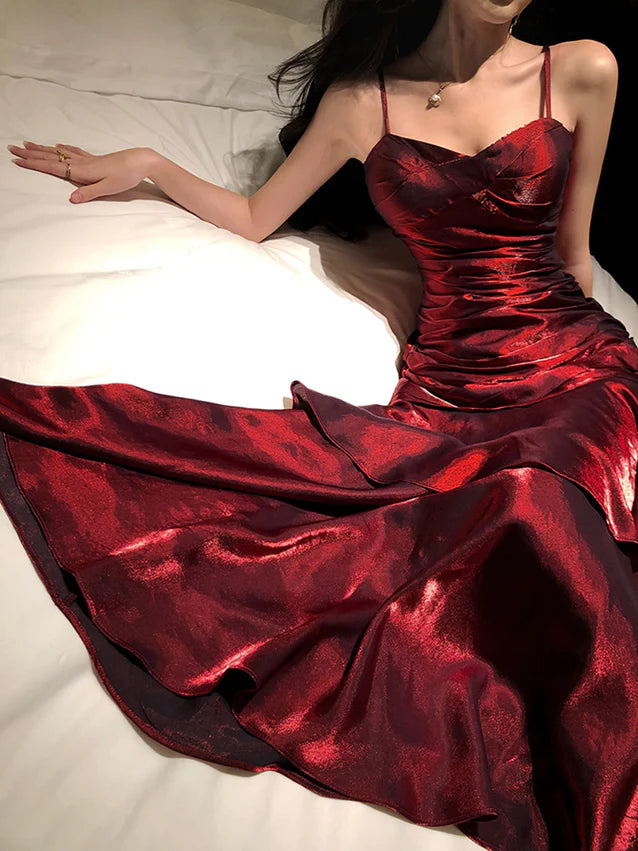 Wine Red Spaghetti Straps A-Line Chiffon Long Prom Dress Evening Gown, DP4567