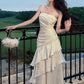 White Spaghetti Straps A-Line Chiffon Long Prom Dress Evening Gown, DP4568