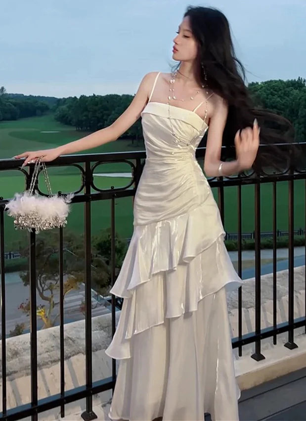 White Spaghetti Straps A-Line Chiffon Long Prom Dress Evening Gown, DP4568