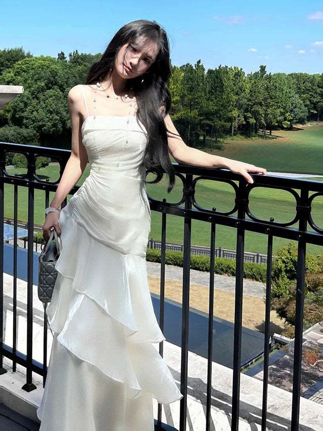 White Spaghetti Straps A-Line Chiffon Long Prom Dress Evening Gown, DP4568