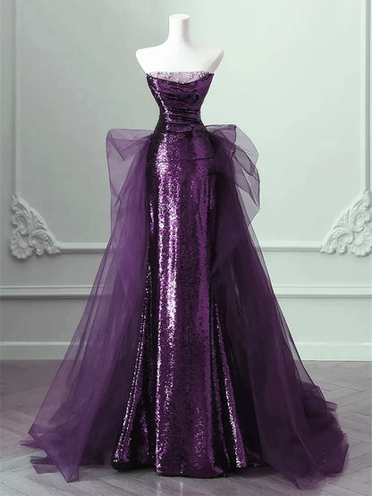 Purple Strapless Sequins Mermaid Long Prom Dress Formal Evening Gown, DP4569