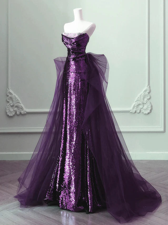 Purple Strapless Sequins Mermaid Long Prom Dress Formal Evening Gown, DP4569