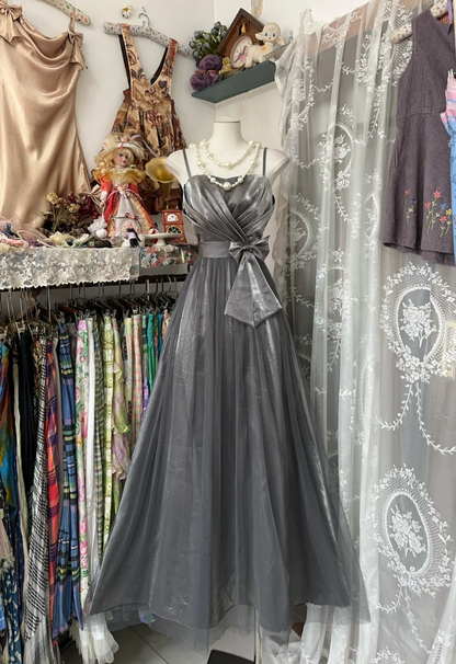 Grey Spaghetti Straps A-Line Vintage Long Prom Dress Formal Evening Gown, DP4570