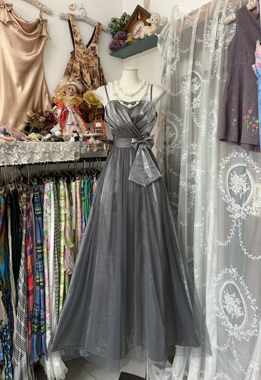 Grey Spaghetti Straps A-Line Vintage Long Prom Dress Formal Evening Gown, DP4570