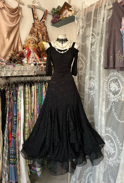 Black Straps Lace A-Line Vintage Long Prom Dress Formal Evening Gown, DP4571