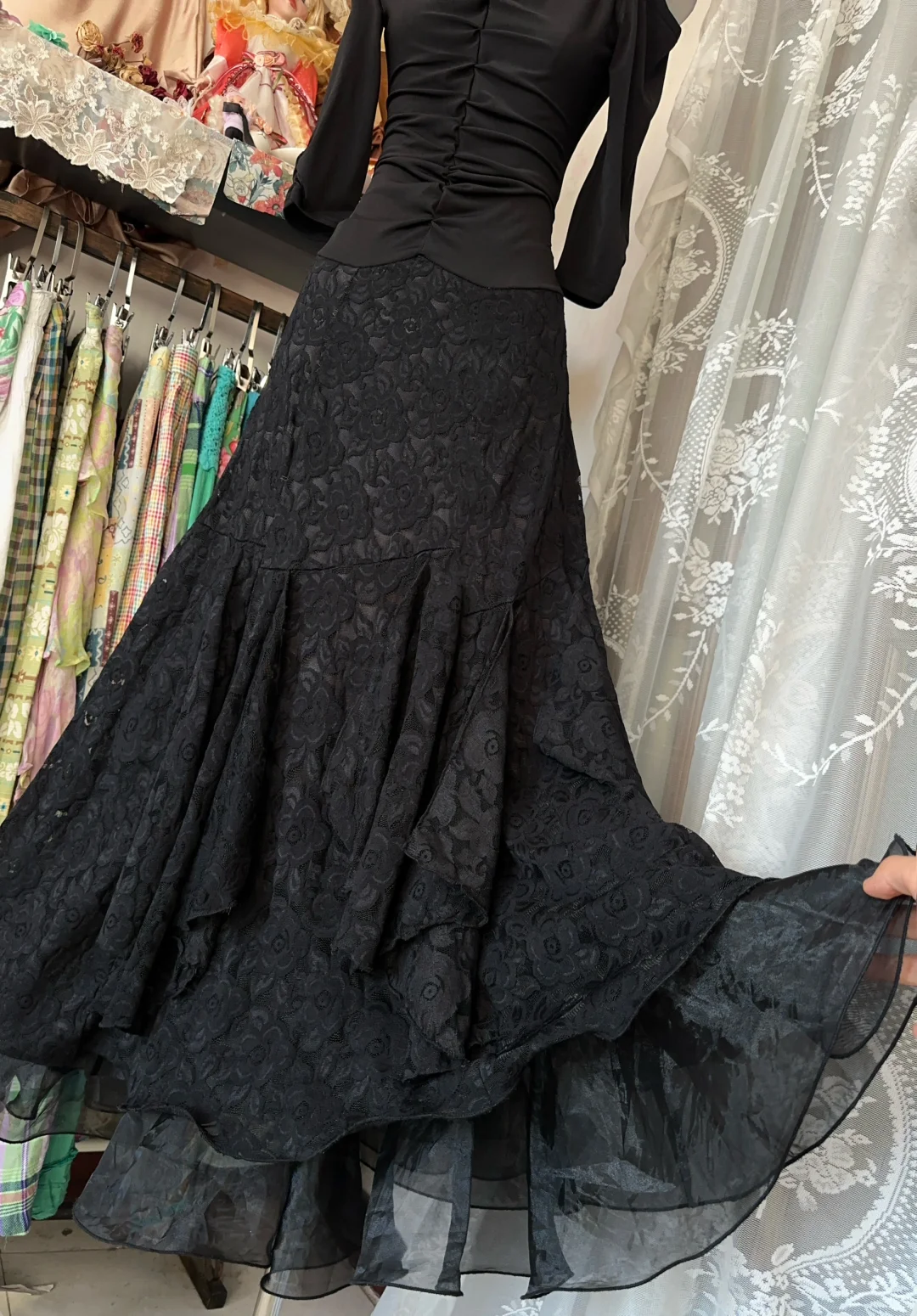 Black Straps Lace A-Line Vintage Long Prom Dress Formal Evening Gown, DP4571