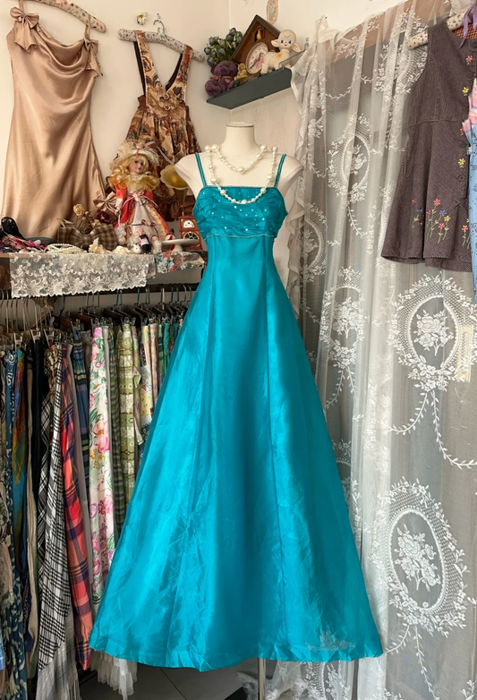Turquoise Spaghetti Straps A-Line Vintage Long Party Dress Evening Gown, DP4575