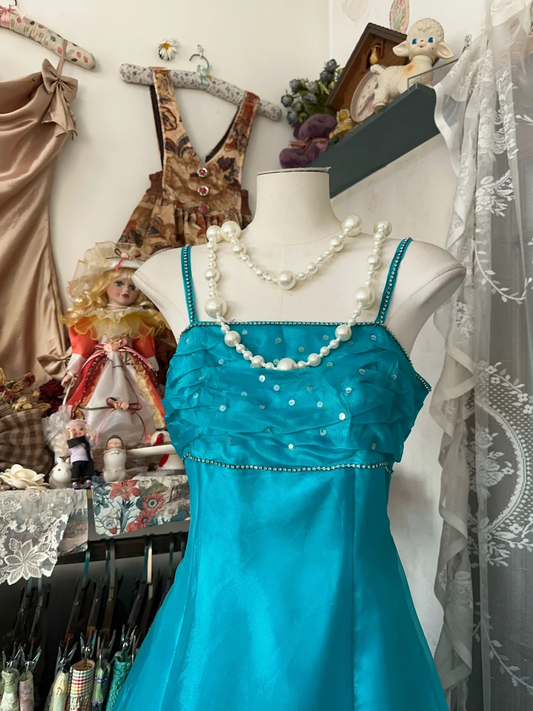 Turquoise Spaghetti Straps A-Line Vintage Long Party Dress Evening Gown, DP4575