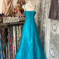 Turquoise Spaghetti Straps A-Line Vintage Long Party Dress Evening Gown, DP4575