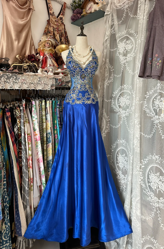 Royal Blue Halter Beading Mermaid Vintage Long Party Dress Formal Evening Dress, DP4580
