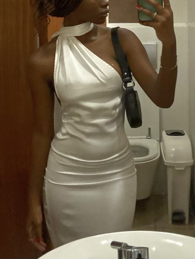 Robe de soirée longue en satin blanc à col licou, robe fourreau simple, DP4586
