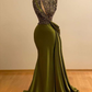 Olive Green Mermaid Sequins Satin Formal Prom Dress Evening Party Dress, DP4588