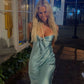 Blue Spaghetti Straps Mermaid Satin Long Party Dress Wedding Guest Dress, DP4593