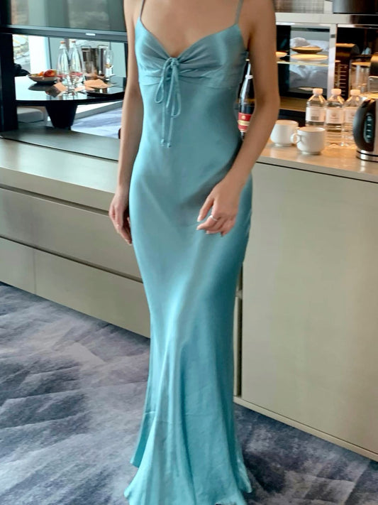Blue Spaghetti Straps Mermaid Satin Long Party Dress Wedding Guest Dress, DP4593