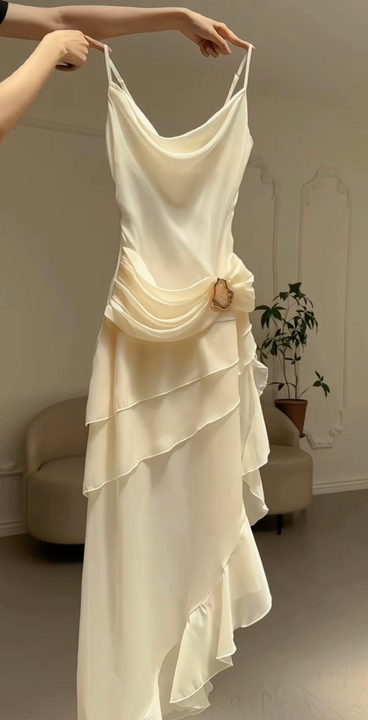 Elegant Straps A-Line Ivory Satin Long Party Dress Retro Evening Gown, DP4595