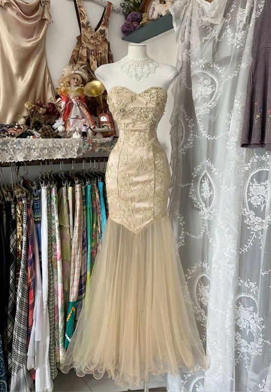 Champagne Sweetheart Mermaid Tulle Vintage Long Party Dress Evening Gown, DP4597