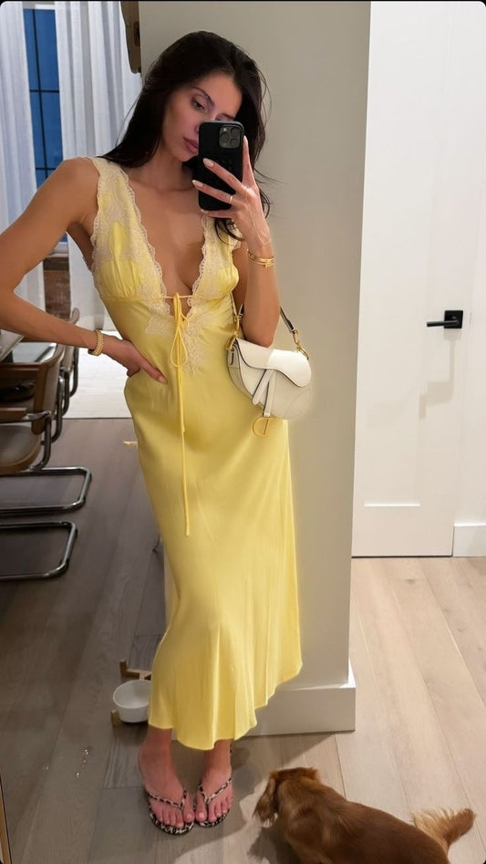 Yellow Lace V Neck Sheath Satin Long Party Dress Fashion Date Night Dress, DP4603