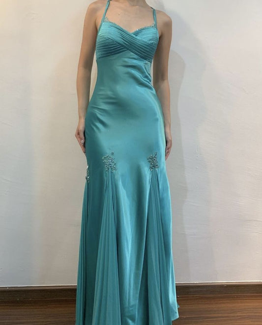 Turquoise Straps Mermaid Satin Vintage Long Party Dress Formal Evening Dress, DP4607