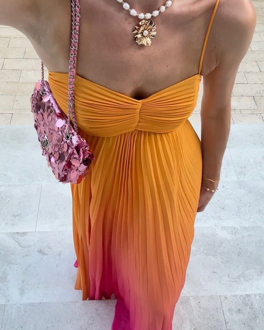 Orange Spaghettiträger A-Linie Plissee Langes Partykleid Hochzeitsgastkleid, DP4615