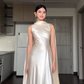 Elegant Sleeveless Ivory Satin Long Prom Dress Formal Evening Party Dress, DP4634