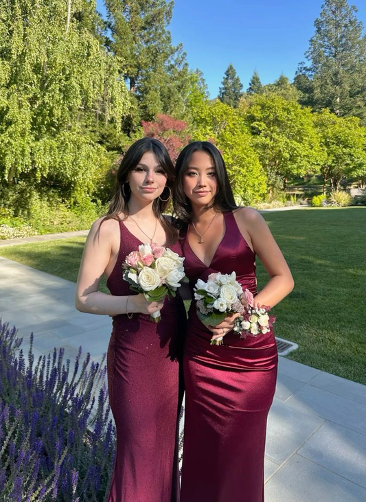 Burgundy V Neck Backless Mermaid Satin Long Prom Dress Formal Party Dress, DP4644