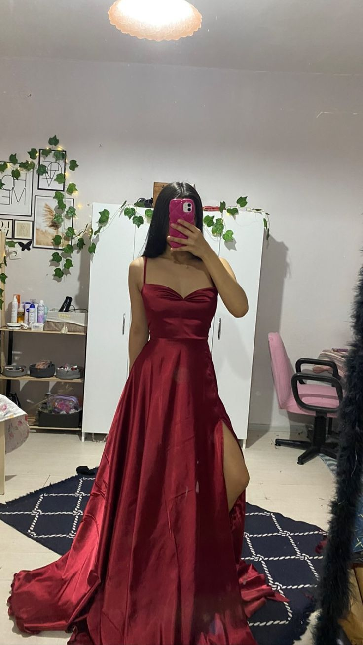 Simple Wine Red Straps A-Line Satin Long Prom Dress Formal Party Dress, DP4645