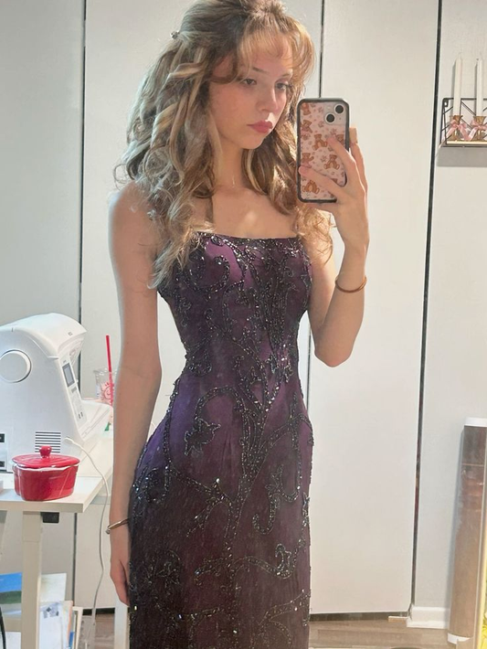 Dark Purple Strapless Sheath Beading Long Evening Party Dress, DP4646