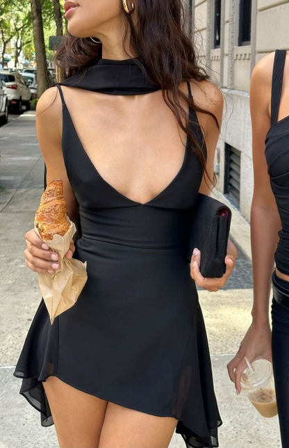 Sexy Black Spaghetti Straps Deep V Neck Short Party Dress Summer Dress DP4651