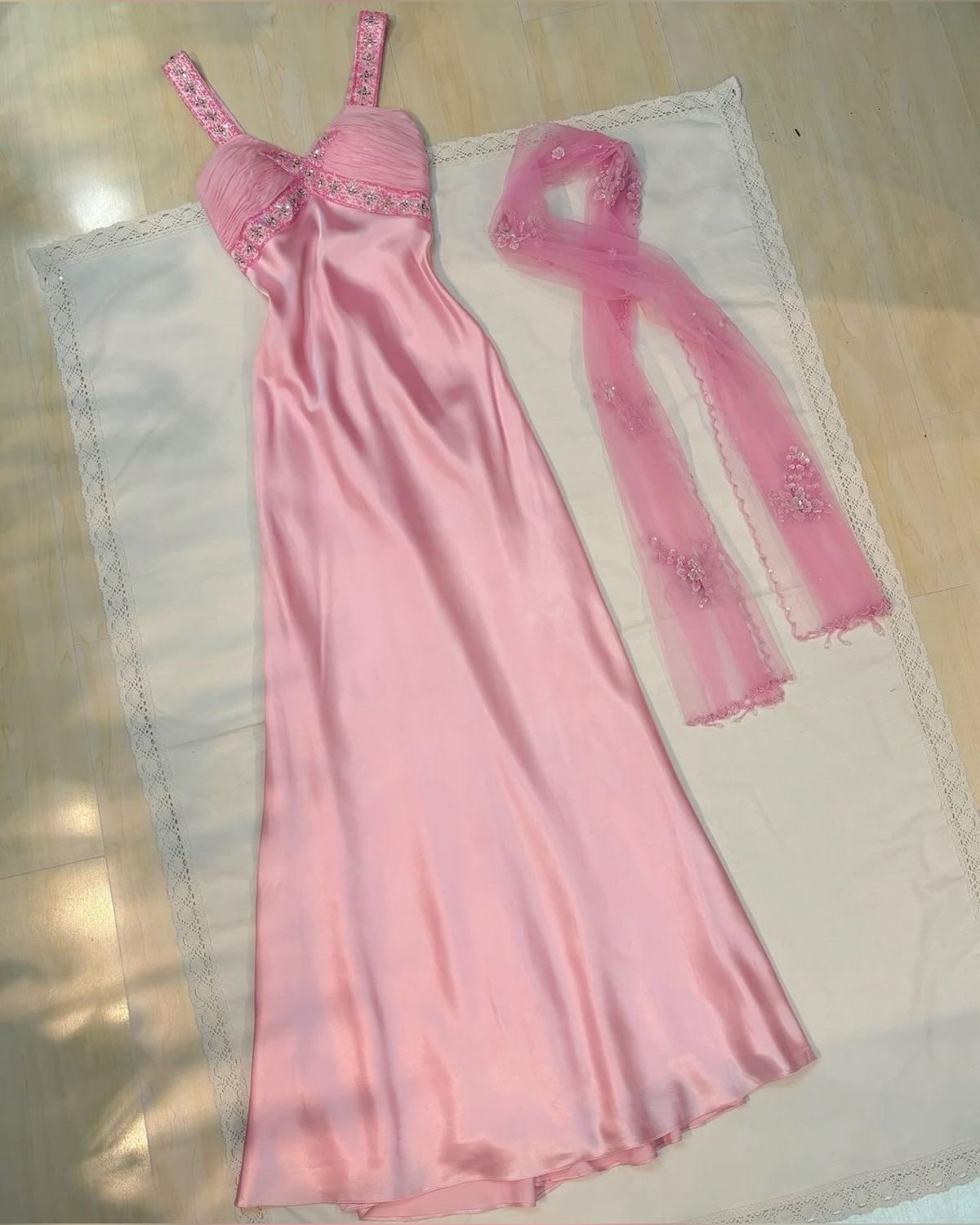 Pink Straps Sheath Satin Beading Vintage Long Party Dress Evening Gown, DP4655