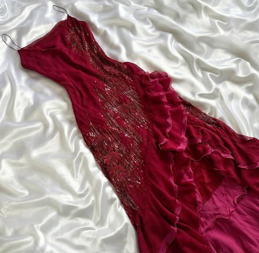 Burgundy Straps Beading Ruffles Vintage Long Party Dress Evening Gown, DP4657