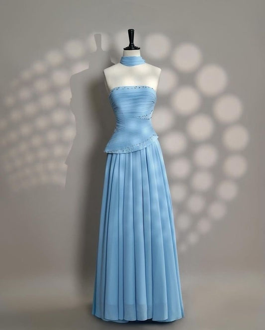 Robe de soirée longue et élégante, coupe trapèze, bleue, sans bretelles, DP4659