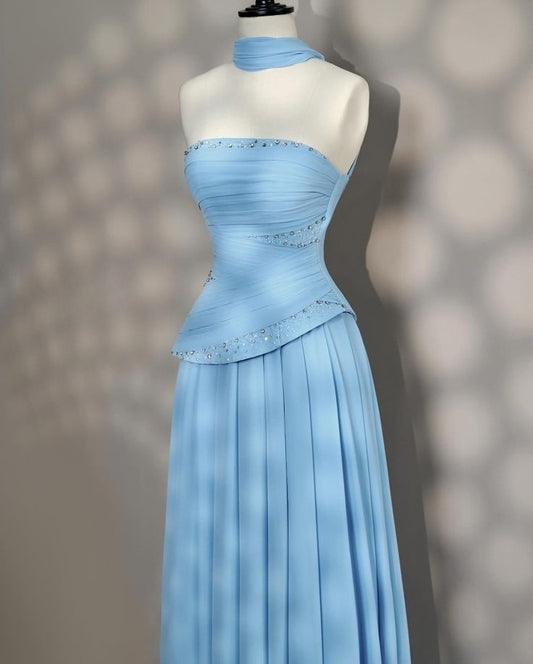Robe de soirée longue et élégante, coupe trapèze, bleue, sans bretelles, DP4659