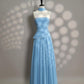 Robe de soirée longue et élégante, coupe trapèze, bleue, sans bretelles, DP4659