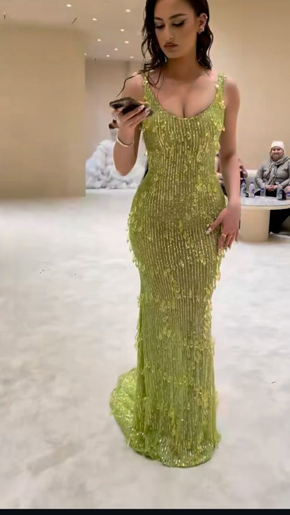 Stunning Green Straps Sequins Beading Mermaid Long Evening Gown, DP4660