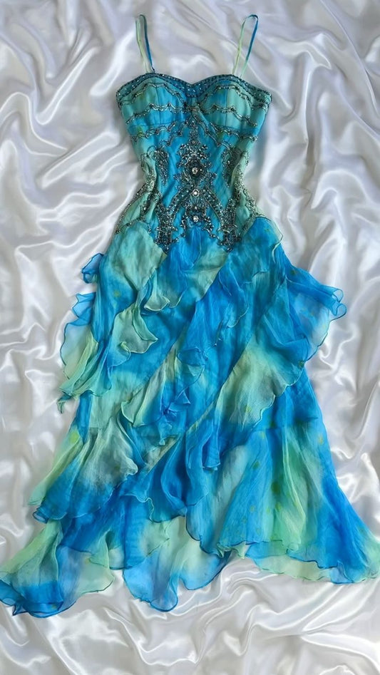 Blue Ombre Spaghetti Straps Beading Ruffles Vintage Long Party Dress, DP4665