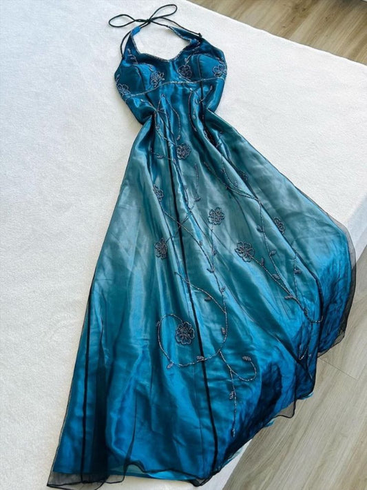 Blue Ombre Halter Beading A-Line Vintage Long Party Dress Prom Dress, DP4667