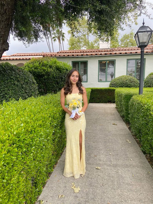 Light Yellow Straps Mermaid Split Long Prom Dress Evening Party Dress, DP4674