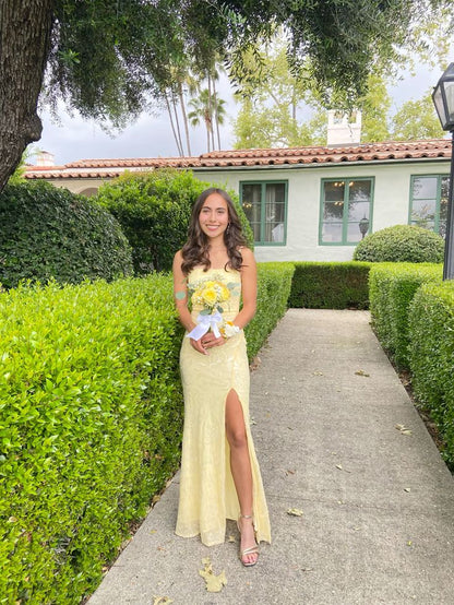 Light Yellow Straps Mermaid Split Long Prom Dress Evening Party Dress, DP4674