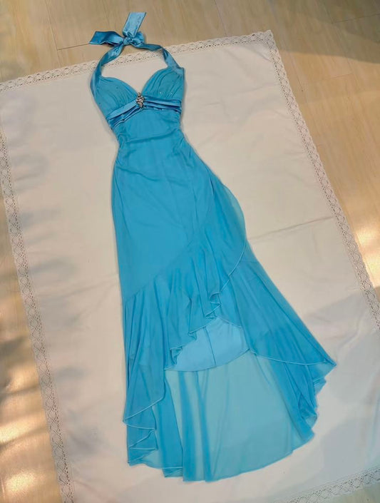 Blue Halter Chiffon Ruffles Sheath Vintage Evening Party Dress, DP4681