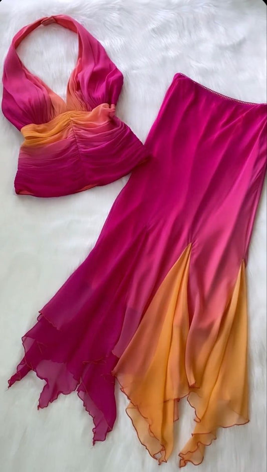 Gradient Halter Two Pieces Long Party Dress Vintage Evening Dress, DP4682