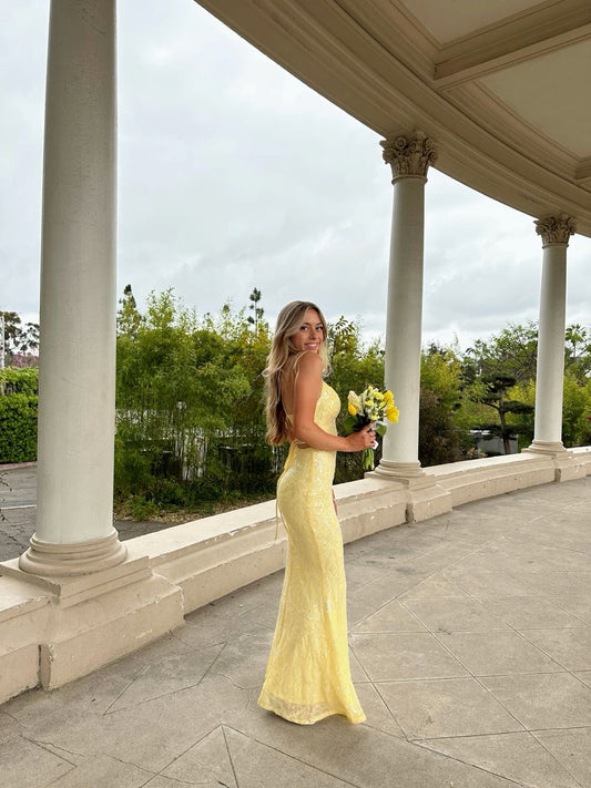 Light Yellow Straps Mermaid Split Long Prom Dress Evening Party Dress, DP4684