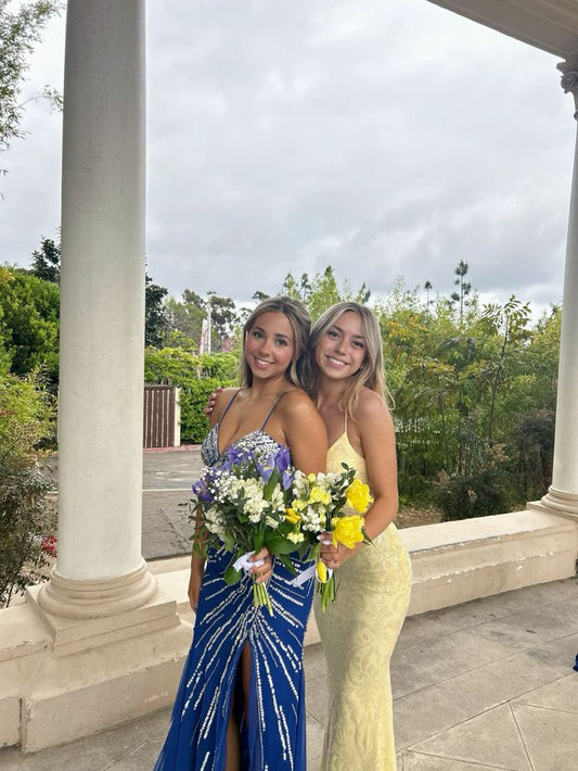 Light Yellow Straps Mermaid Split Long Prom Dress Evening Party Dress, DP4684