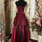 Burgundy Spaghetti Straps A-Line Satin Long Party Dress Vintage Evening Dress, DP4689