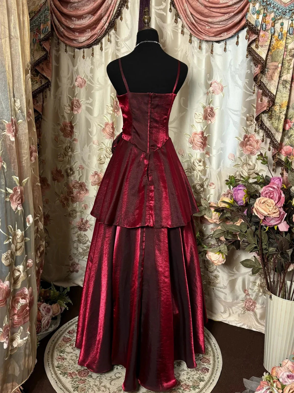 Burgundy Spaghetti Straps A-Line Satin Long Party Dress Vintage Evening Dress, DP4689