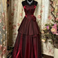 Burgundy Spaghetti Straps A-Line Satin Long Party Dress Vintage Evening Dress, DP4689