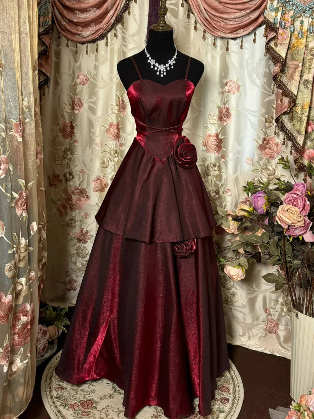 Burgundy Spaghetti Straps A-Line Satin Long Party Dress Vintage Evening Dress, DP4689