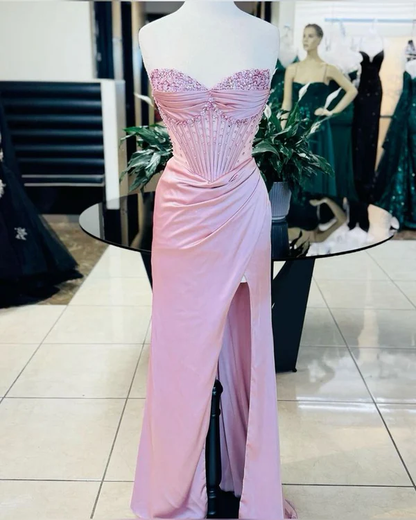 Pink Sweetheart Beading Mermaid Satin Long Party Dress Evening Dress, DP4690