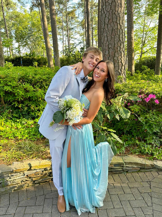 Light Blue Strapless A-Line Satin Long Party Dress Cute Graduation Dress, DP4692