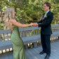 Green V Neck Sheath Satin Long Party Dress Wedding Guest Dress, DP4696
