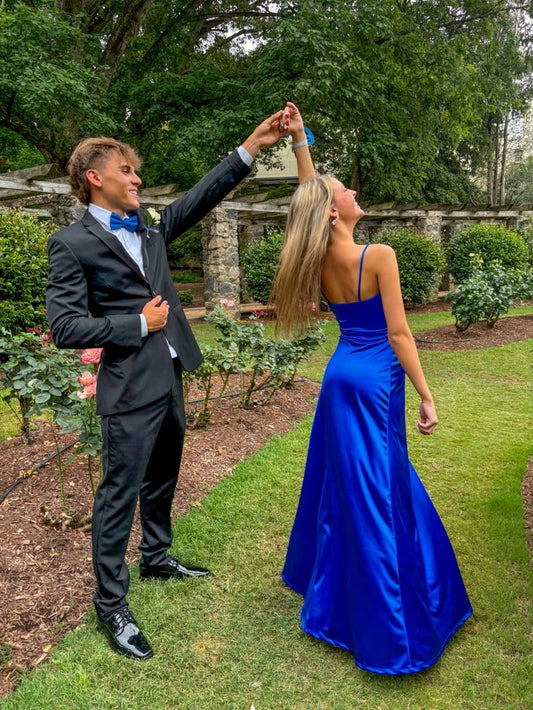 Royal Blue Spaghetti Straps Sheath Satin Long Prom Dress Simple Party Dress, DP4698